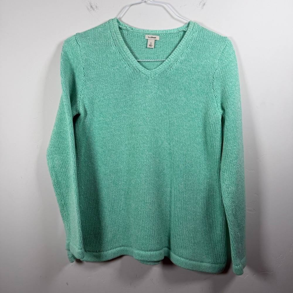 L.L. Bean Womens V-Neck Sweater 100% Cotton Pullover Chunky Knit Mint Green